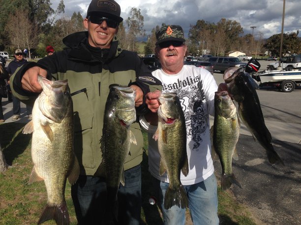 Chris DeMoor (left) and Bill Griffith with a 21.80 pound sack of bass as they captured runner-up at Lake Casitas.