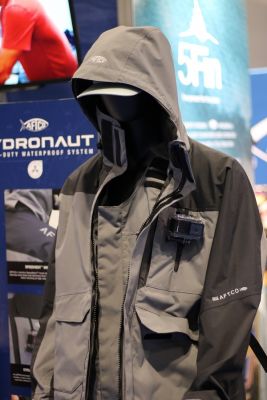 Apparel: AFTCO Hydronaut Heavy-Duty Waterproof System
Again, I had to agree with the voters on this one. There are plenty of good options for quality raingear and you can add this system. Besides being ultra-dry, it has some cool features built in that make me believe it was something unique and worthy of a mention.
The first thing you may notice is the Cyclops camera mount on the chest. This makes it easy to record your fishing adventures without the need for a chest strap mount. It also has a vented hood that allows airflow as you are running down the lake. I think most bass anglers can relate to the driving down the lake with your hood attempting to strangle you. It has some other cool features like a pocket built to fit your pliers, adjustable shoulder straps and you can tell it is a quality design all around.
As you can see, there were some great new products shown off on the floors of the ICAST show. With so many items and so many vendors, it is hard to see it all. After three days of walking the show, I saw good, bad, weird and truly unique. The items listed above all stood out among the masses and caught my attention.