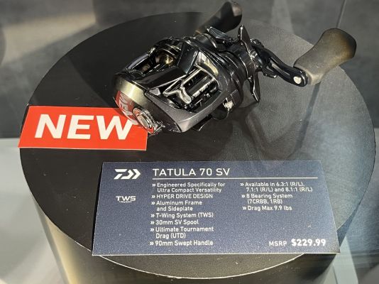 New Sizes for the Tatula Baitcast Reels and Tatula Combos
All the existing Daiwa Tatula baitcast reels have been well received and feature the T-Wing system for great casting. As the years have progressed, Daiwa continues to offer new sizes of reels in the Tatula family.
One is the Tatula 70 SV, a small framed reel that is great for those with smaller hands or younger anglers, but they are also perfect for those who like to palm their reel for certain techniques. This reel has the SV spool for great casting and is available in a 6.3:1, 7.1:1, and 8.1:1 retrieve and retails for $229.99.
The other new size is the Tatula 80, a reel built to be palmed for fishing jerkbaits, pitching, and other techniques where that can be a benefit. It has a 90mm swept handle and a hyperdrive design and retails for $199.99.
New combos are available, including a Tatula 100 CT reel and a 7-foot or 7-foot, 3-inch graphite rod. Each is available in a left or right-handed reel and the retail cost for the combo is $229.99.
&nbsp;